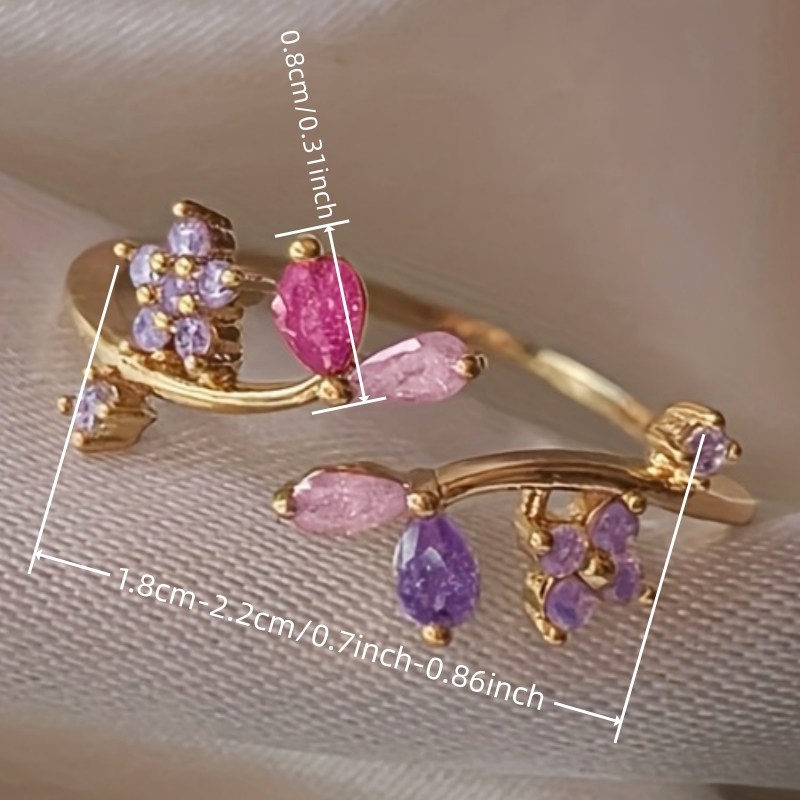 Exquisite Rose Red Pink Zirconia Leaf Ring for Women